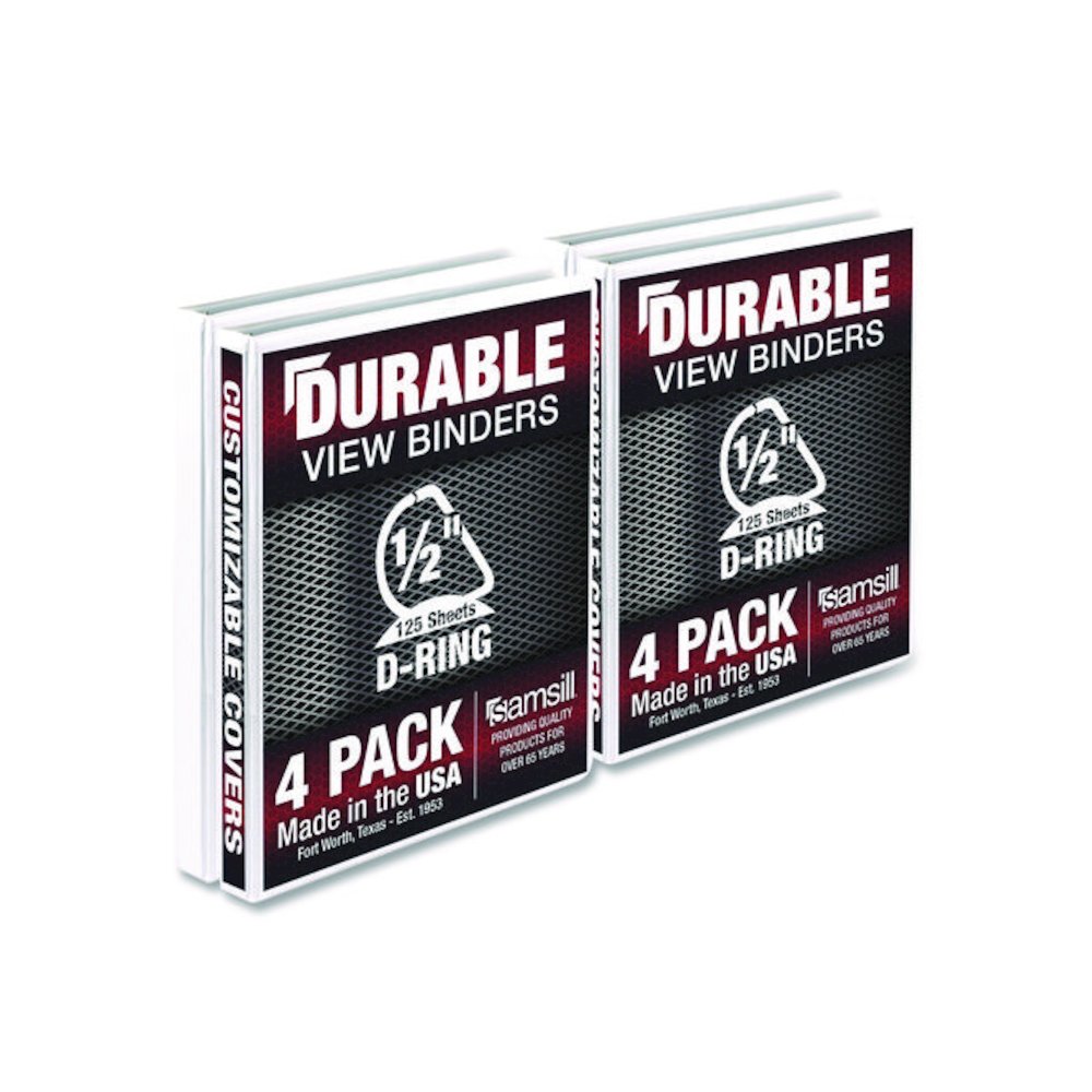 Durable D-Ring View Binders, 3 Rings, 0.5" Capacity, 11.5" x 8.5", White, 4/Pack. Picture 1