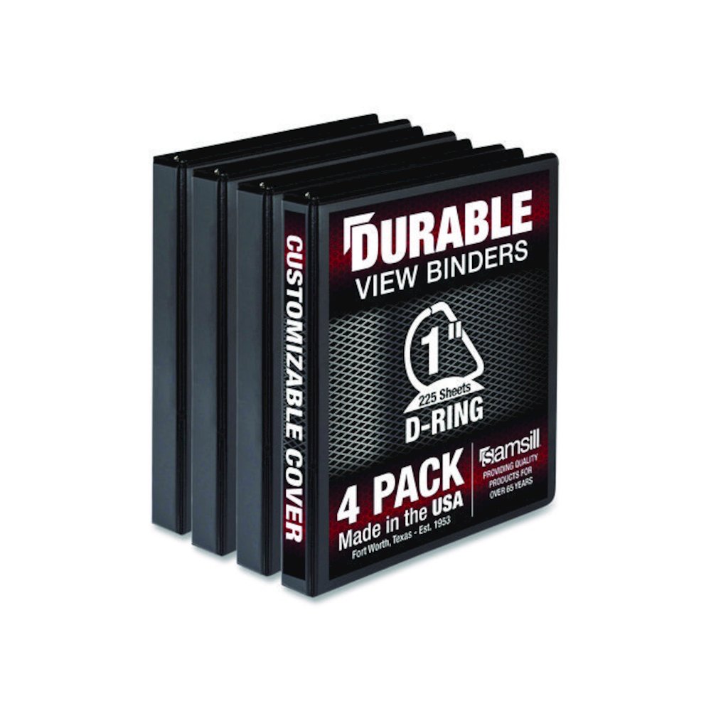 Durable D-Ring View Binders, 3 Rings, 1" Capacity, 11.5" x 8.5", Black, 4/Pack. Picture 1