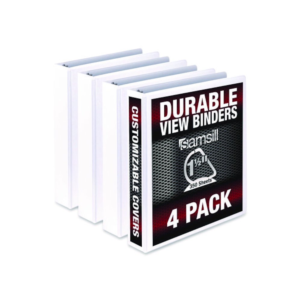 Durable D-Ring View Binders, 3 Rings, 1.5" Capacity, 11.5" x 8.5", White, 4/Pack. Picture 1