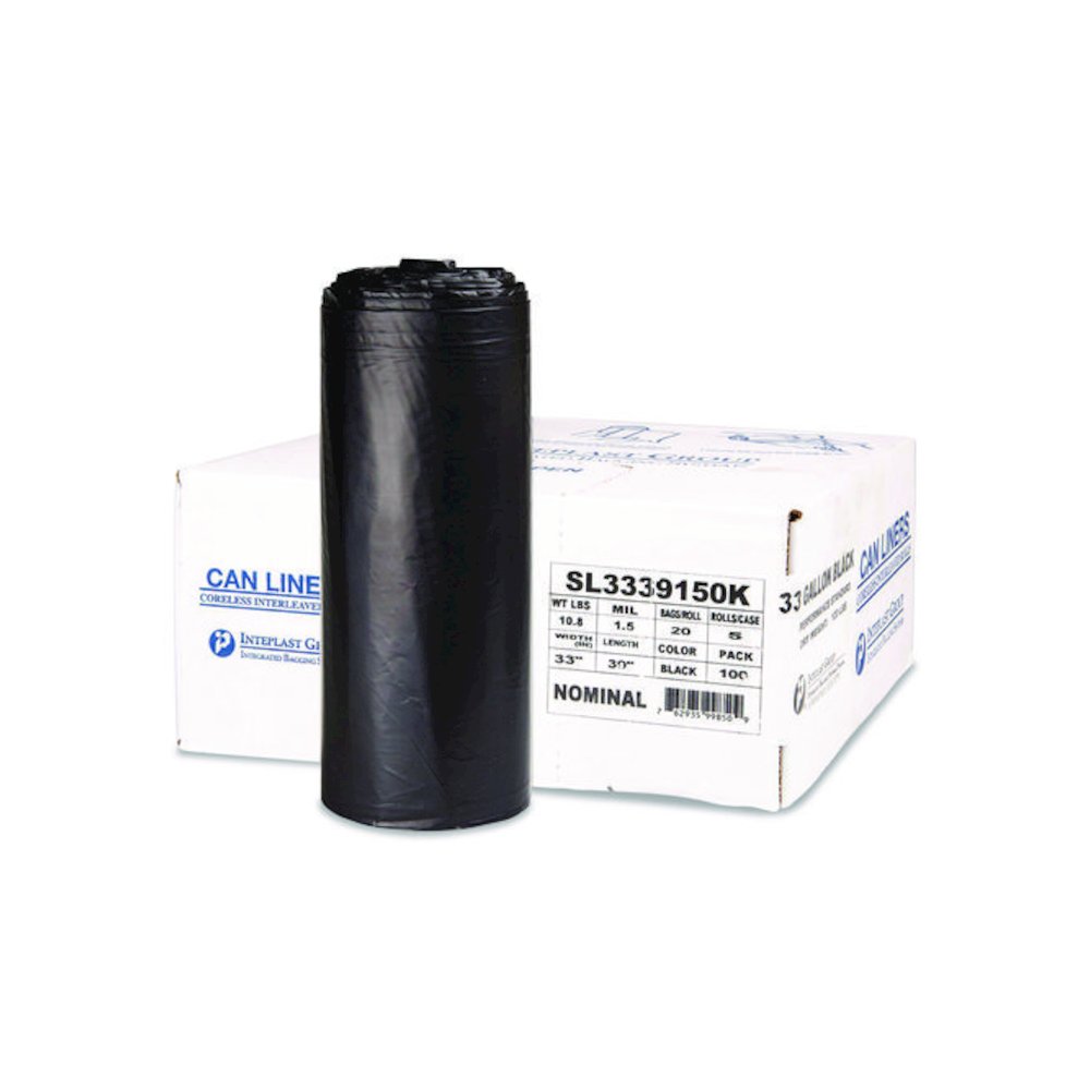 Low-Density Commercial Can Liners, 33 gal, 1.5 mil, 33" x 39", Black, Interleaved Roll, 20 Bags/Roll, 5 Rolls/Carton. Picture 1