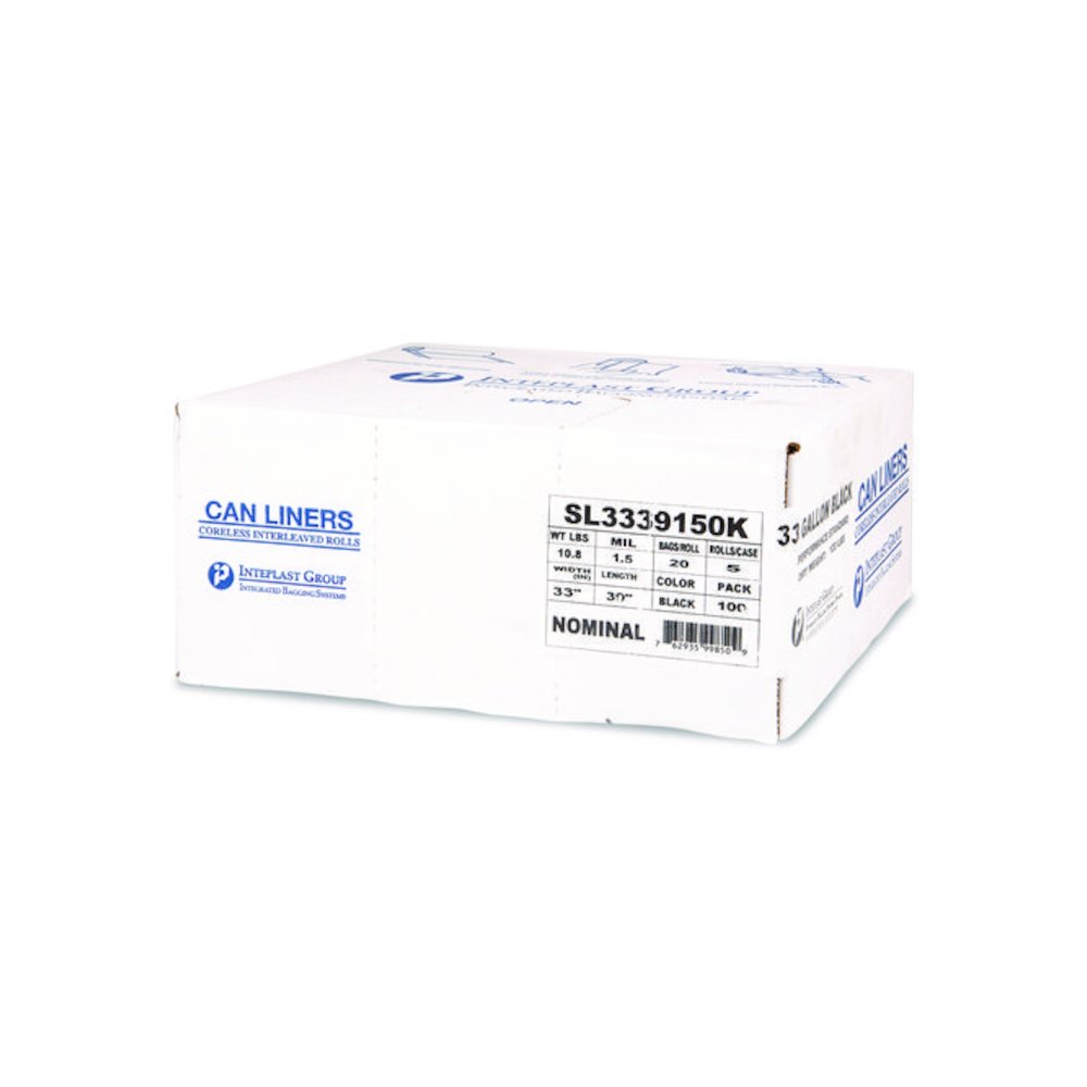 Low-Density Commercial Can Liners, 33 gal, 1.5 mil, 33" x 39", Black, Interleaved Roll, 20 Bags/Roll, 5 Rolls/Carton. Picture 4