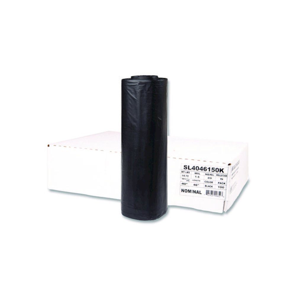 Institutional Low-Density Can Liners, 45 gal, 1.5 mil, 40" x 46", Black, Interleaved Roll, 20 Bags/Roll, 5 Rolls/Carton. Picture 1