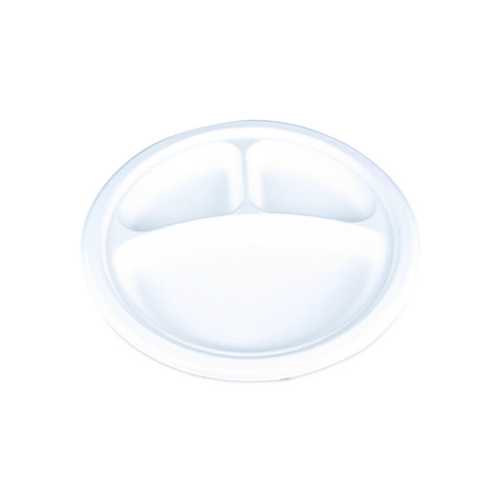 ChampWare Molded Fiber Tableware, 3-Compartment Plate, 10" dia, White, 125/Sleeve, 4 Sleeves/Carton. Picture 1