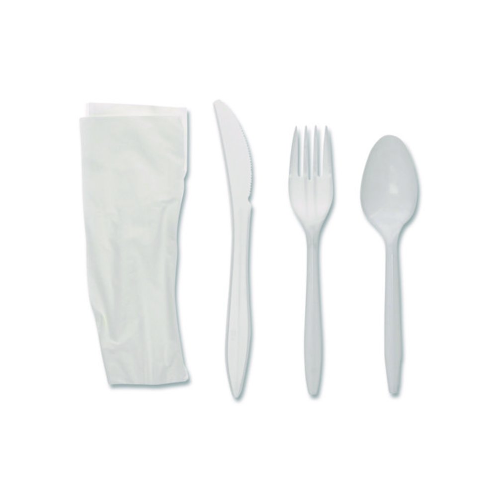 Fieldware Cutlery Kit, Individually Wrapped, Mediumweight, Fork/Knife/Napkin/Spoon, Plastic, White, 250/Carton. Picture 3