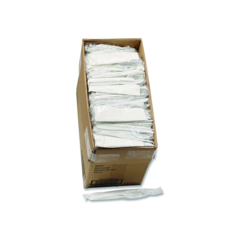 Fieldware Cutlery Kit, Individually Wrapped, Mediumweight, Fork/Knife/Napkin/Spoon, Plastic, White, 250/Carton. Picture 1
