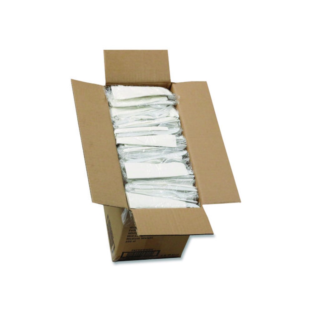 Fieldware Cutlery Kit, Individually Wrapped, Mediumweight, Fork/Knife/Napkin/Spoon, Plastic, White, 250/Carton. Picture 5