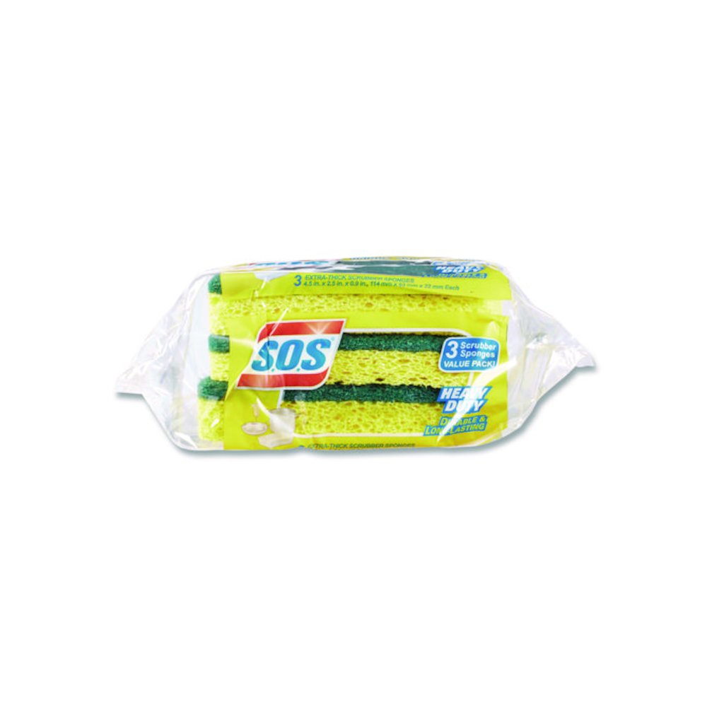 Heavy Duty Scrubber Sponge, 2.5 x 4.5, 0.9" Thick, Yellow/Green, 3/Pack, 8 Packs/Carton. Picture 3