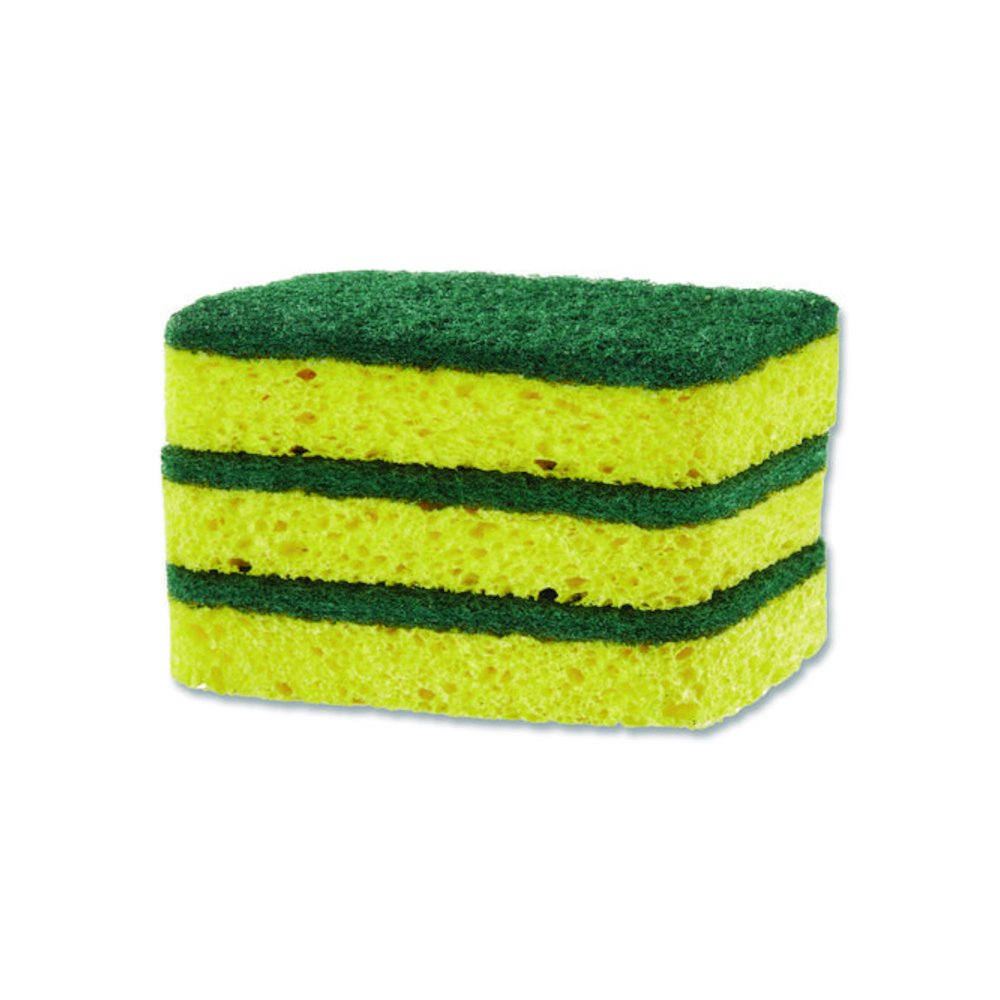 Heavy Duty Scrubber Sponge, 2.5 x 4.5, 0.9" Thick, Yellow/Green, 3/Pack, 8 Packs/Carton. Picture 4