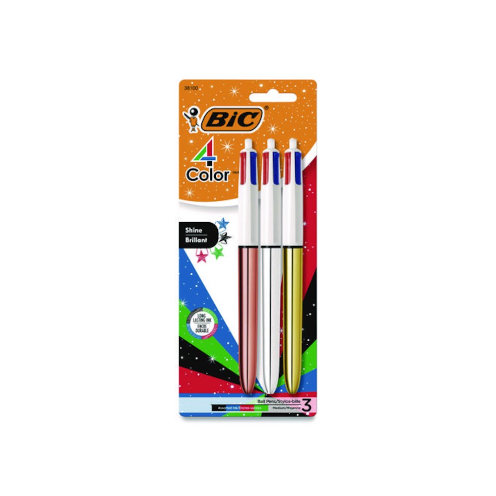 4-Color Shine Multi-Color Ballpoint Pen, Retractable, Medium 1mm, Black/Blue/Green/Red Ink, Assorted Metallic Barrels, 3/Pack. Picture 1