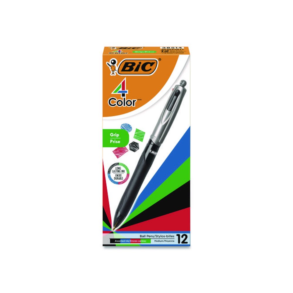 4-Color Pro Grip Multi-Color Ballpoint Pen, Retractable, Medium 1 mm, Black/Blue/Green/Red Ink, Black/Gray Barrel, Dozen. Picture 1