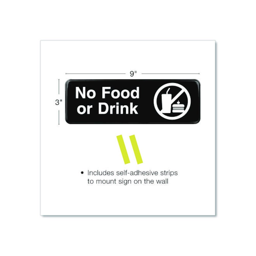 No Food or Drink Wall Sign, 9" x 3", Black Face, White Graphics, 3/Pack. Picture 2