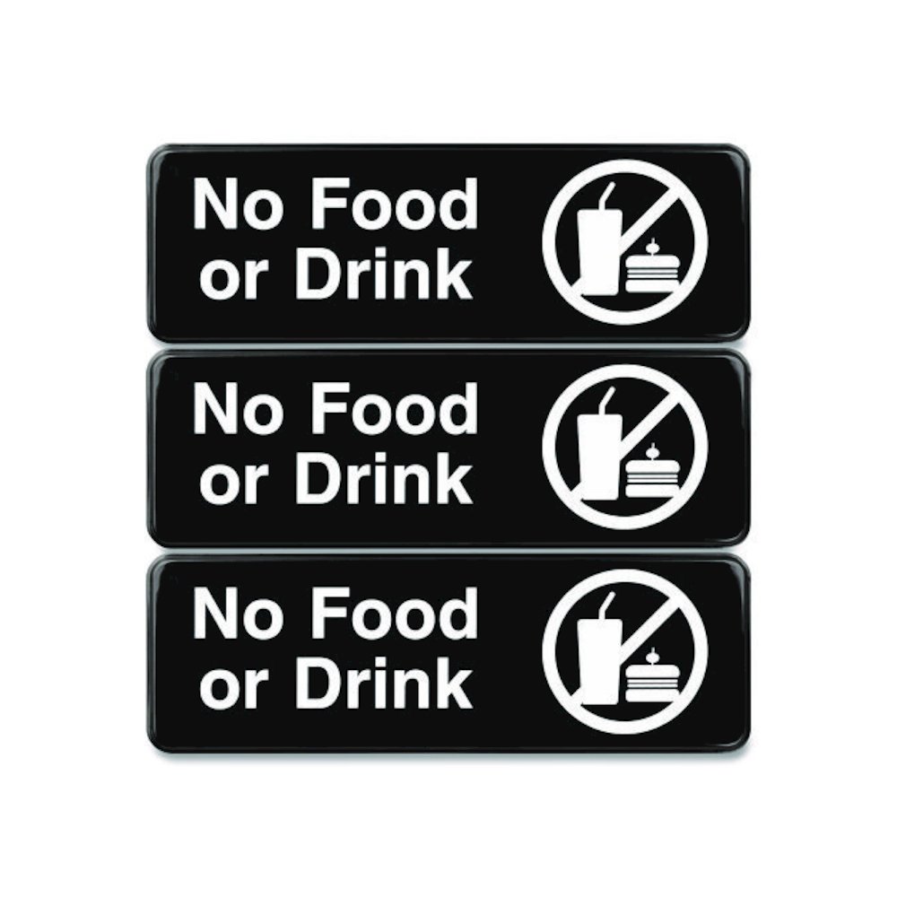 No Food or Drink Wall Sign, 9" x 3", Black Face, White Graphics, 3/Pack. Picture 1