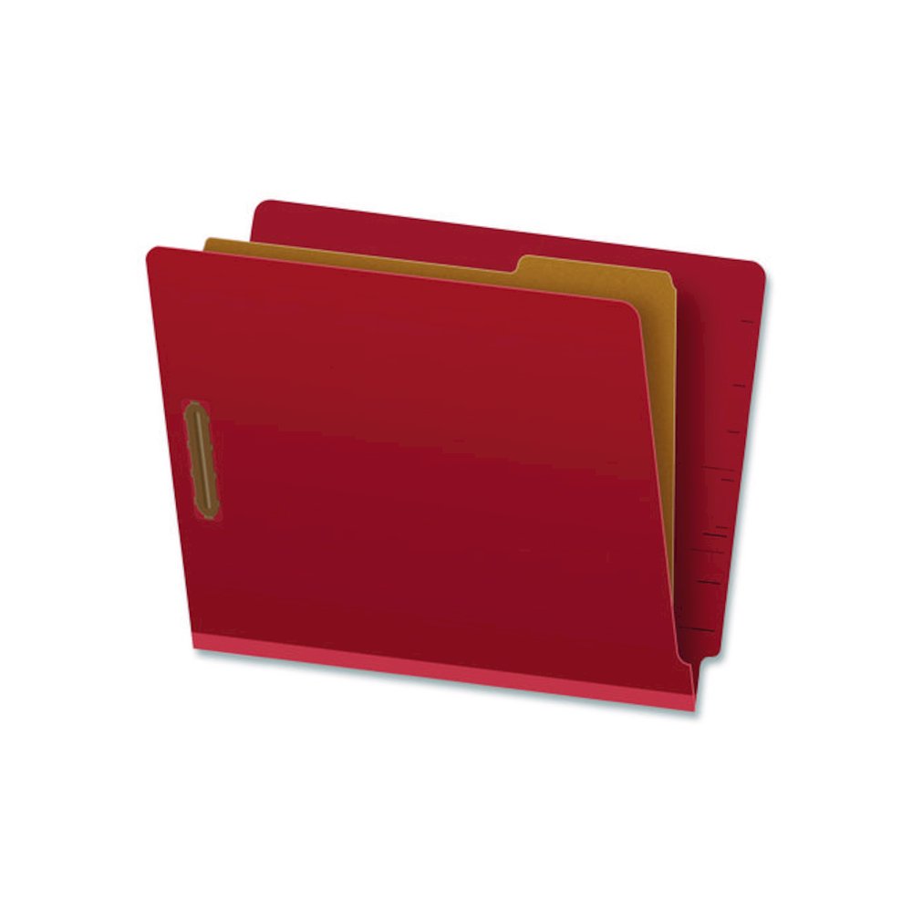 Pressboard End Tab Classification Folders, Straight Tab, Expands 1.75", 1 Divider, 4 Fasteners, Letter Size, Red, 10/Box. Picture 1
