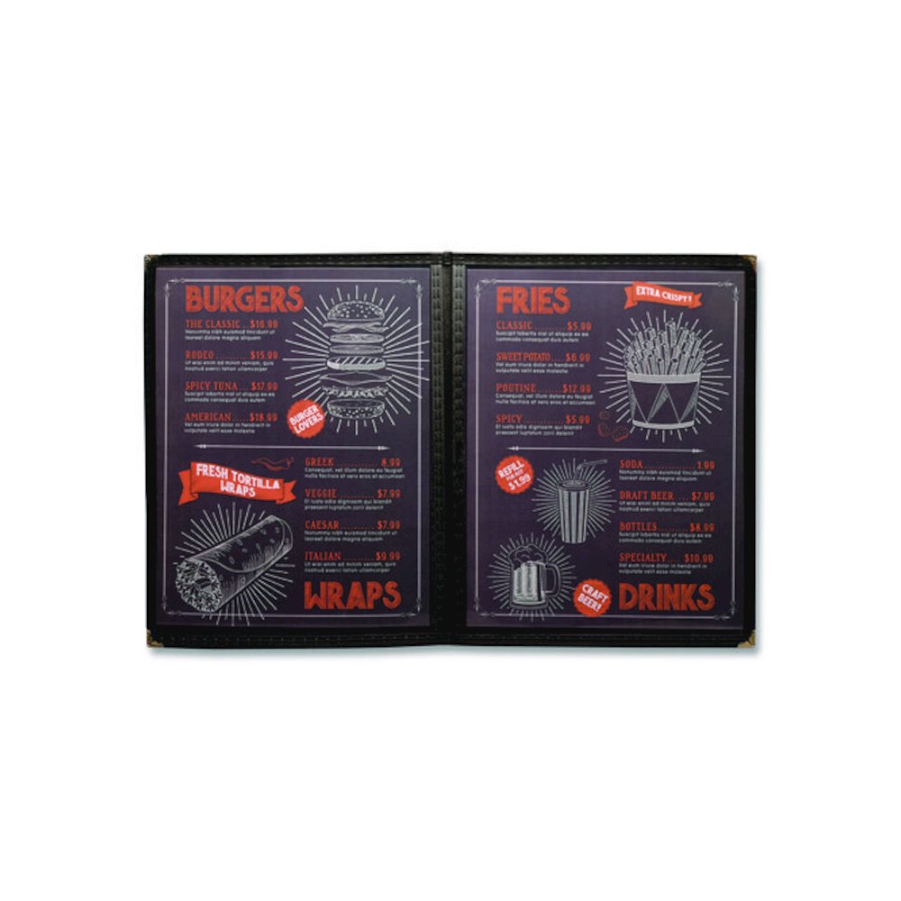 Menu Holder For 8.5 x 11 Menus, Portrait Orientation, 4-View, 9.6 x 12 Holder, Clear/Black/Silver, 10/Pack. Picture 2