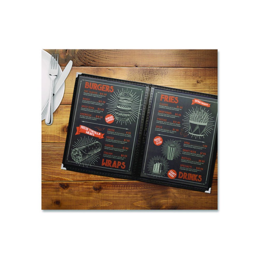 Menu Holder For 8.5 x 11 Menus, Portrait Orientation, 4-View, 9.6 x 12 Holder, Clear/Black/Silver, 10/Pack. Picture 3