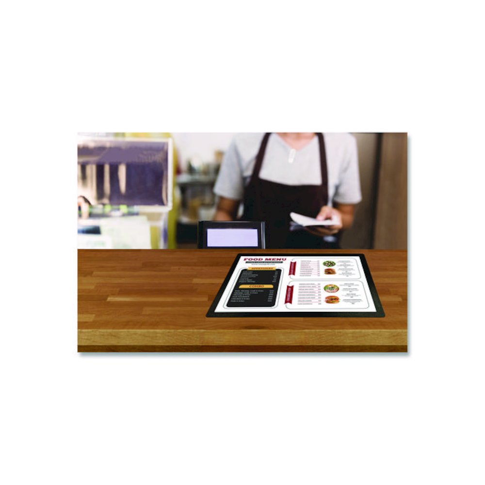 Menu Holder For 8.5 x 11 Menus, Landscape Orientation, 12.6 x 10.2 Holder, Clear/Black. Picture 3