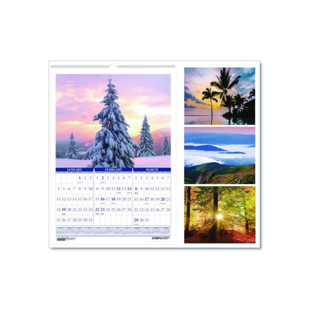 Recycled Three-Month Season Wall Calendar, 12 x 16.5, Multicolored Sheets, 14-Month: Dec 2025 to Jan 2027. Picture 1