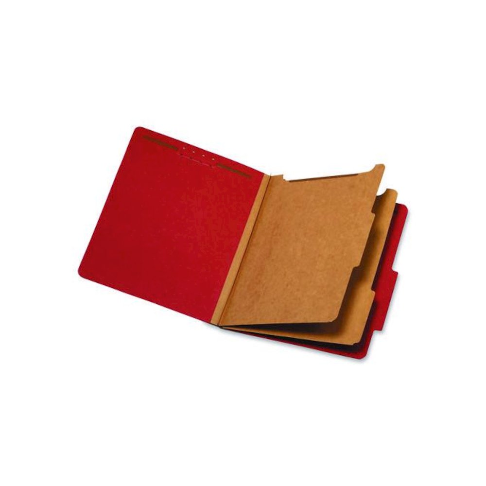 Pressboard Top Tab Classification Folders, 2/5-Cut Tab, Expands 2.5", 2 Dividers, 6 Fasteners, Letter Size, Bright Red, 10/BX. Picture 1