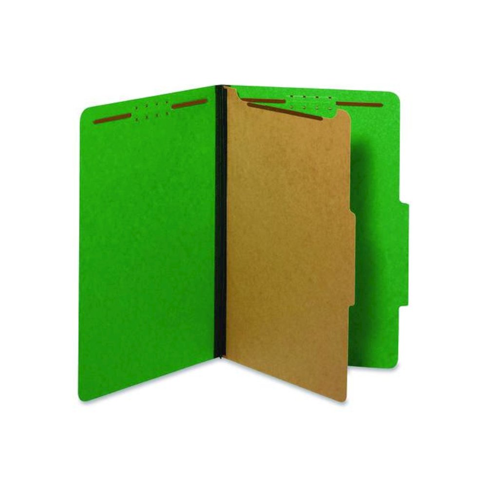 Pressboard Top Tab Classification Folders, 2/5-Cut Tab, Expands 1.75", 1 Divider, 4 Fasteners, Legal Size, Dark Green, 10/Box. Picture 1