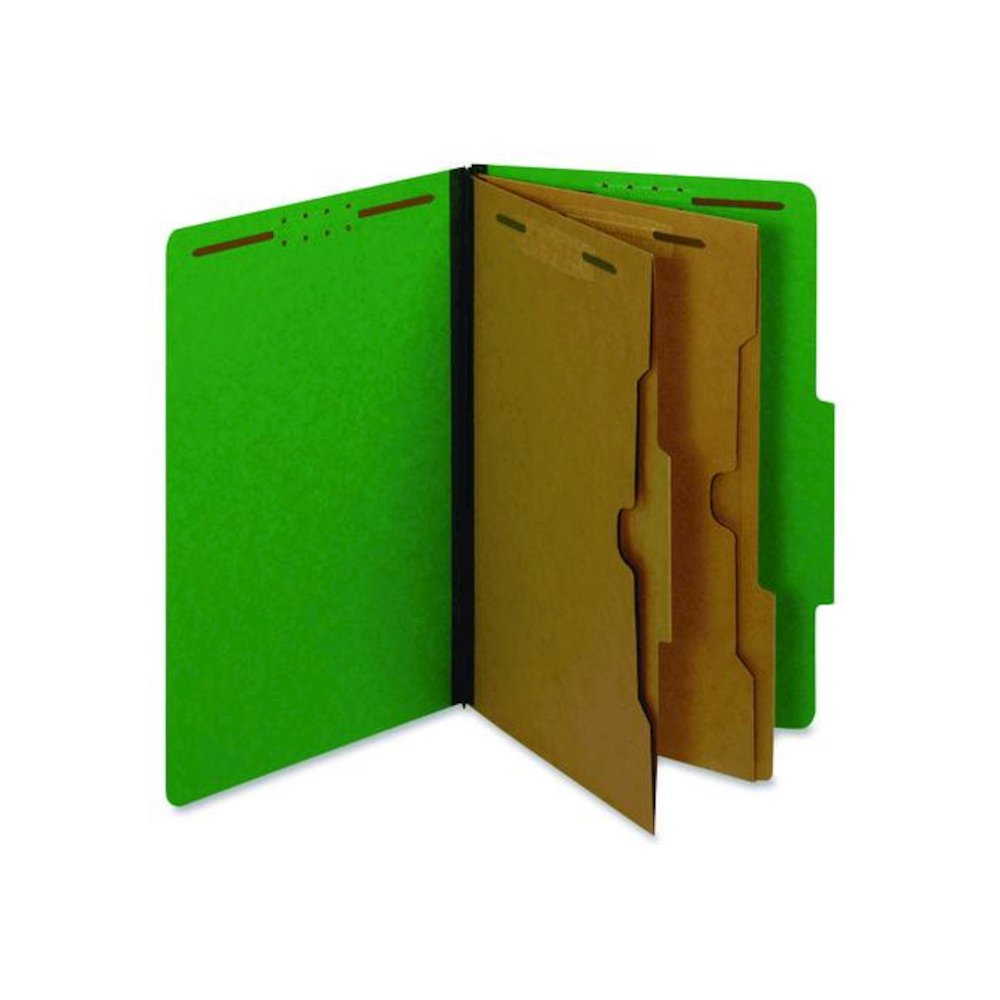 Pressboard Classification Folders, 2/5 Tab, Expands 2.5", 2 Full-Pocket Dividers, 6 Fasteners, Legal Size, Dark Green, 10/Box. Picture 1