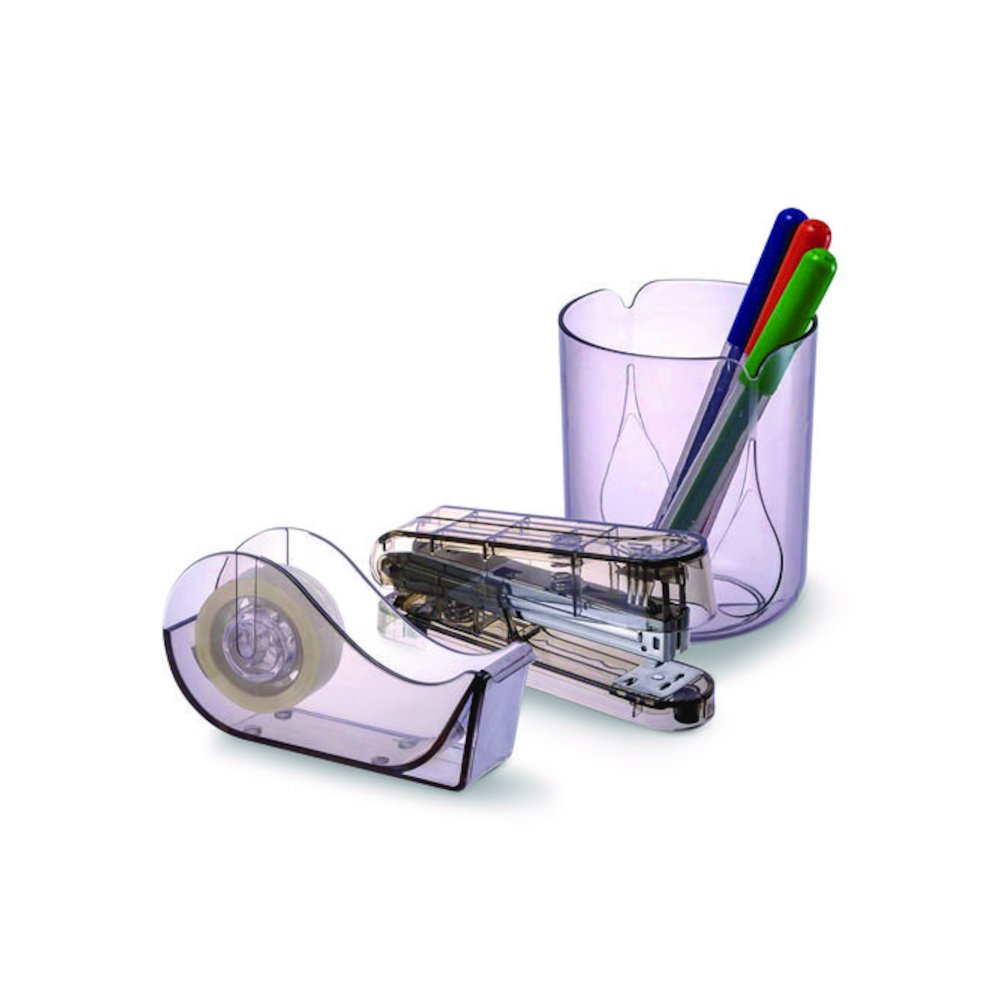 Recycled Plastic Three-Piece Desk Set: (1) Pencil Cup, (1) Stapler, (1) Tape Dispenser, (1) Roll of Tape, Translucent Ash. Picture 1