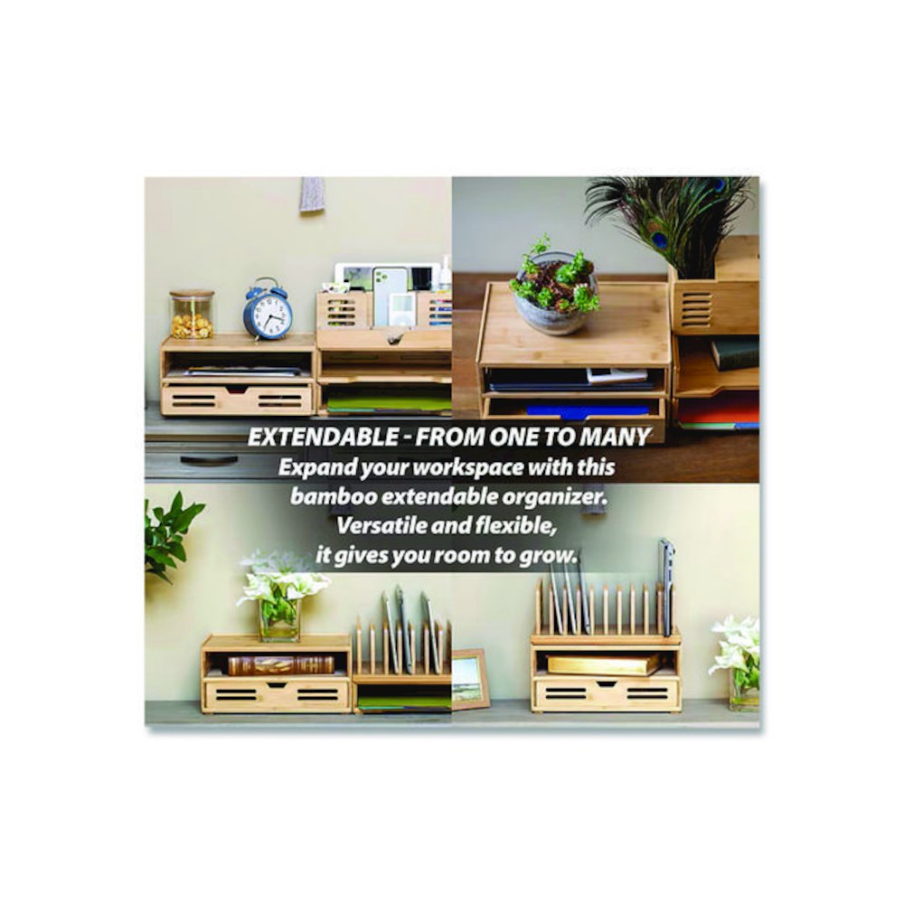 Bamboo Stackable Document Organizer with Drawer, 2 Sections, Letter Size Files, 14.09" x 10.08" x 7.7", Brown. Picture 4
