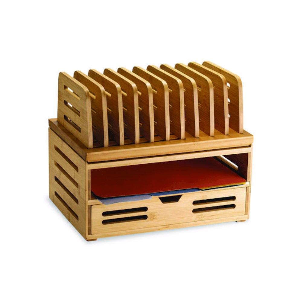 Bamboo Stackable Document Organizer with Drawer, 2 Sections, Letter Size Files, 14.09" x 10.08" x 7.7", Brown. Picture 5