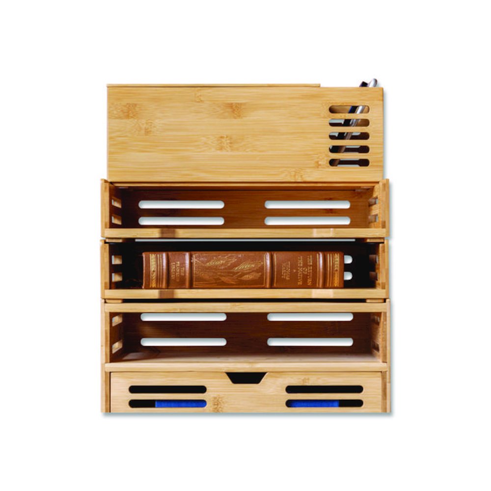 Bamboo Stackable Desktop Document Trays, 2 Sections, Letter Size Files, 14.09" x 10.47" x 4.4", Brown, 2/Pack. Picture 3