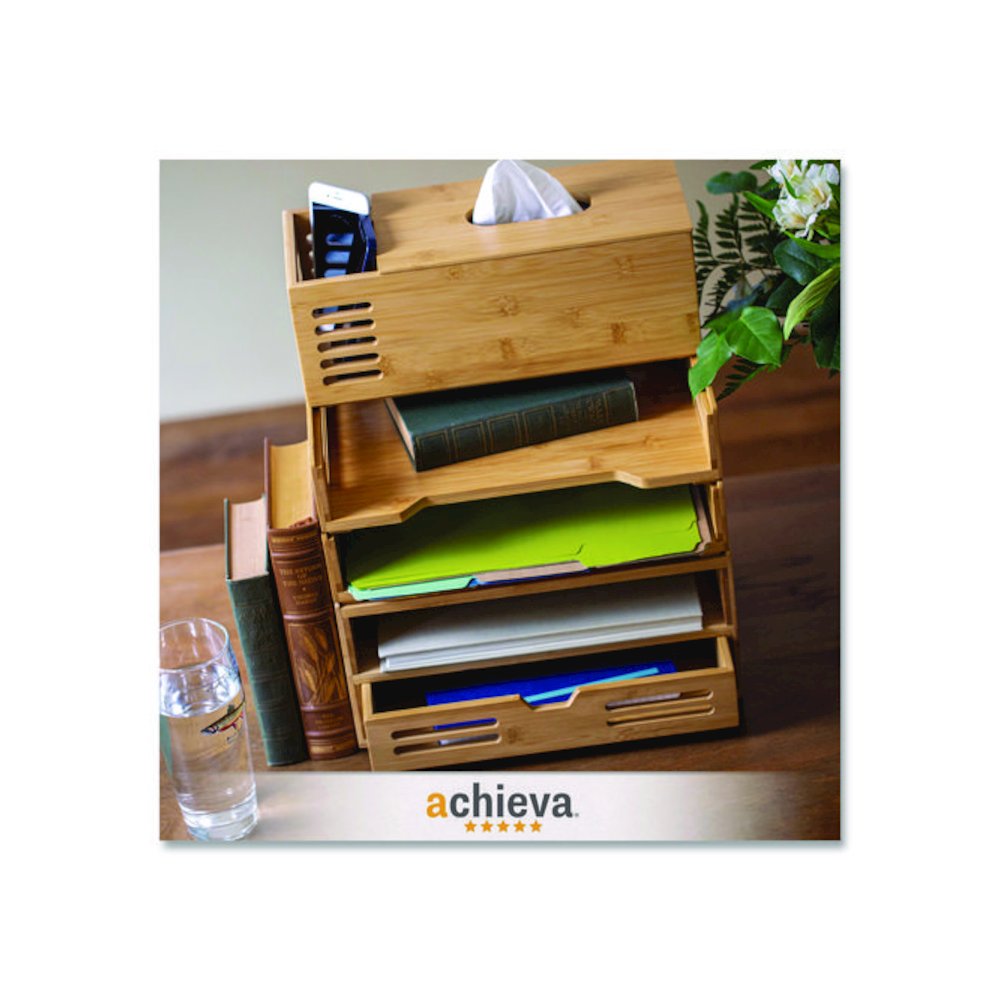 Bamboo Stackable Desktop Document Trays, 2 Sections, Letter Size Files, 14.09" x 10.47" x 4.4", Brown, 2/Pack. Picture 4