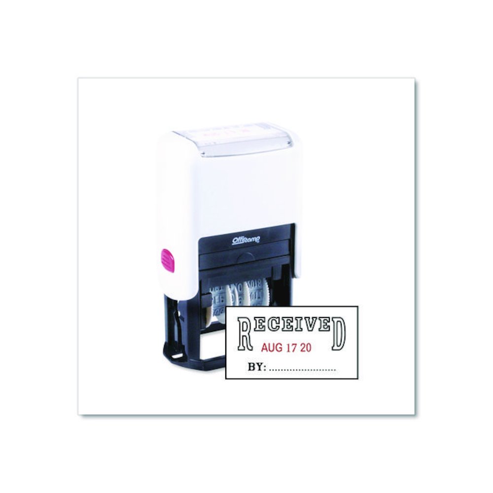 Self-Inking Message Stamp with Blank "By" Line, 12 Years, RECEIVED, 1.63" x 0.88", Black/Red Ink. Picture 1