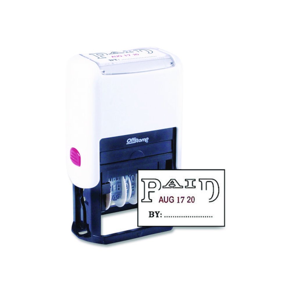 Self-Inking Message Stamp with Blank "By" Line, 12 Years, PAID, 1.63" x 0.88", Black/Red Ink. Picture 1