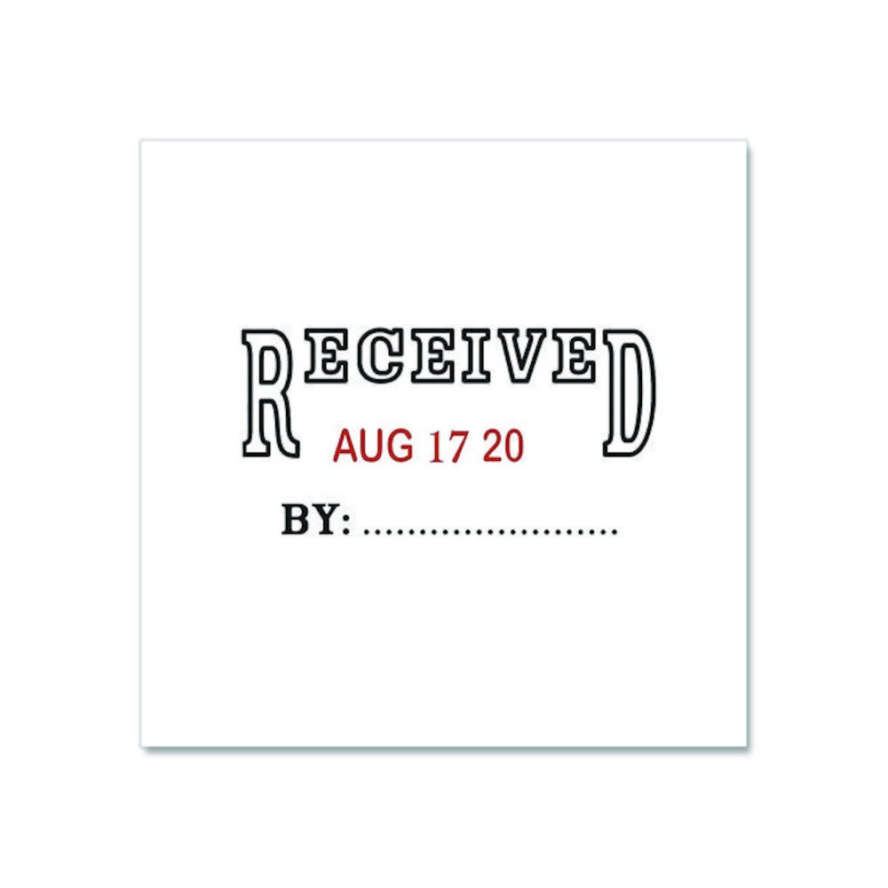 Self-Inking Message Stamp with Blank "By" Line, 12 Years, RECEIVED, 1.63" x 0.88", Black/Red Ink. Picture 3