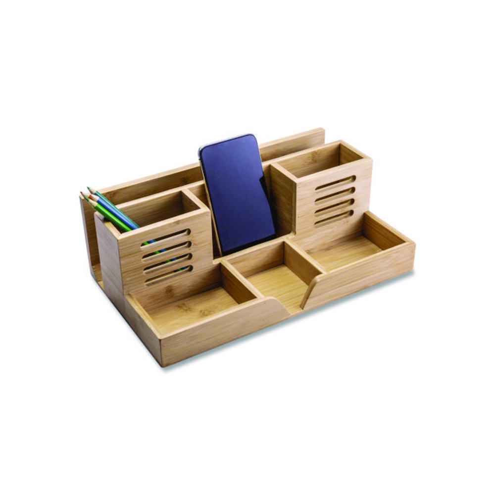 Bamboo Desk Organizer, 7 Compartments, 14.09 x 8.62 x 5.28, Natural Wood Grain, Bamboo. Picture 1