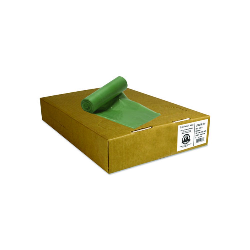 Eco Blend Max Can Liners, 60 gal, 0.8 mil, 38" x 58", Green, 20 Bags/Roll, 5 Rolls/Carton. Picture 1
