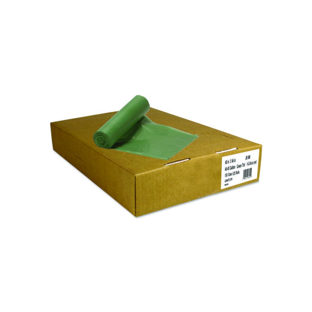 Eco Blend Max Can Liners, 45 gal, 0.8 mil, 40" x 46", Green, 25 Bags/Roll, 6 Rolls/Carton. Picture 1