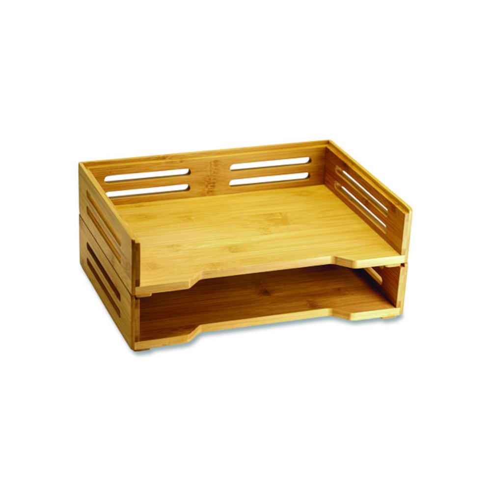 Bamboo Stackable Desktop Document Trays, 2 Sections, Letter Size Files, 14.09" x 10.47" x 4.4", Brown, 2/Pack. Picture 1