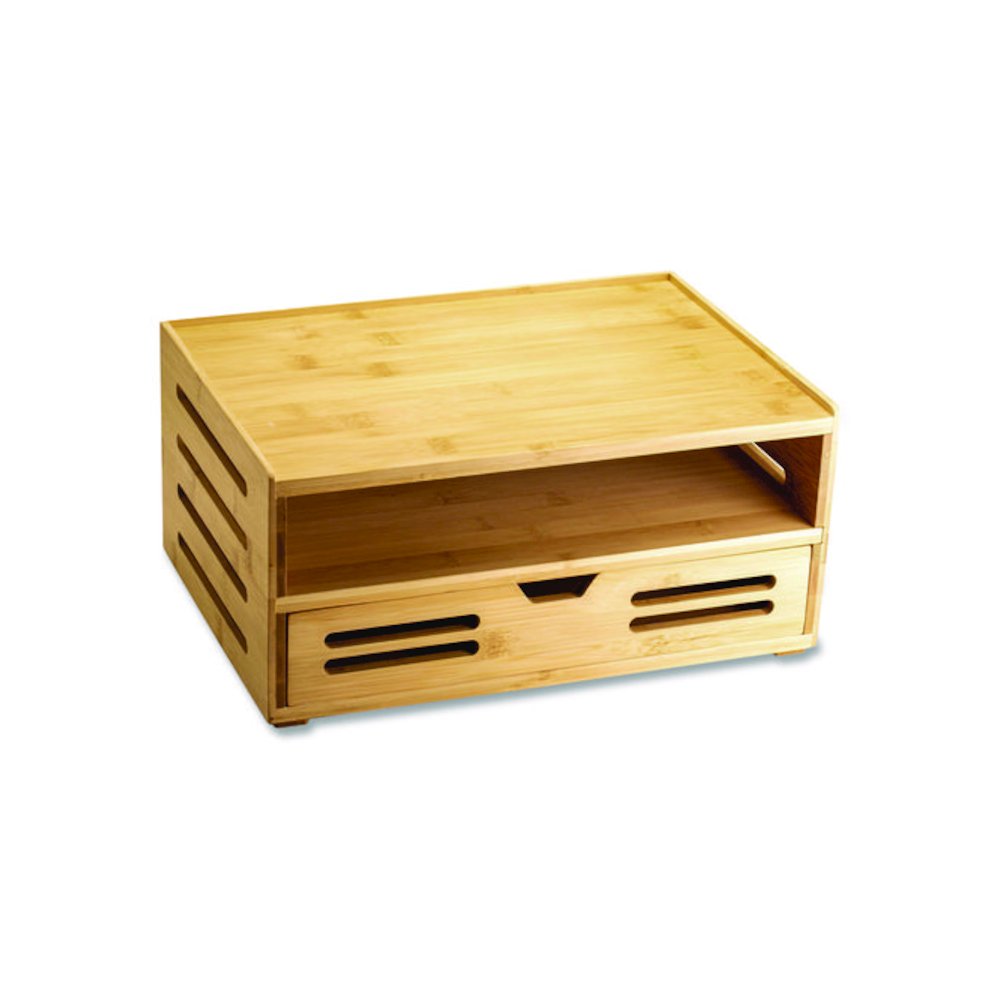 Bamboo Stackable Document Organizer with Drawer, 2 Sections, Letter Size Files, 14.09" x 10.08" x 7.7", Brown. Picture 1