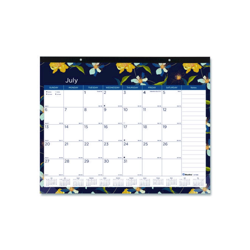 Academic 18-Month Desk Pad Calendar, Floral Artwork, 22 x 17, White/Multicolor Sheets, Black Headband, July 2025 to Dec 2026. Picture 1
