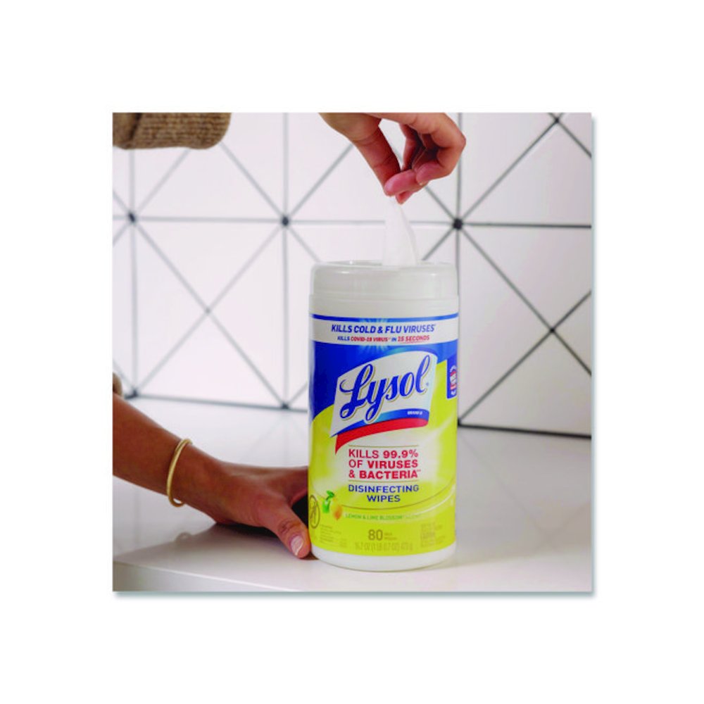 Disinfecting Wipes, 1-Ply, 7 x 7.25, Lemon and Lime Blossom, White, 80 Wipes/Canister, 2 Canisters/Pack. Picture 3