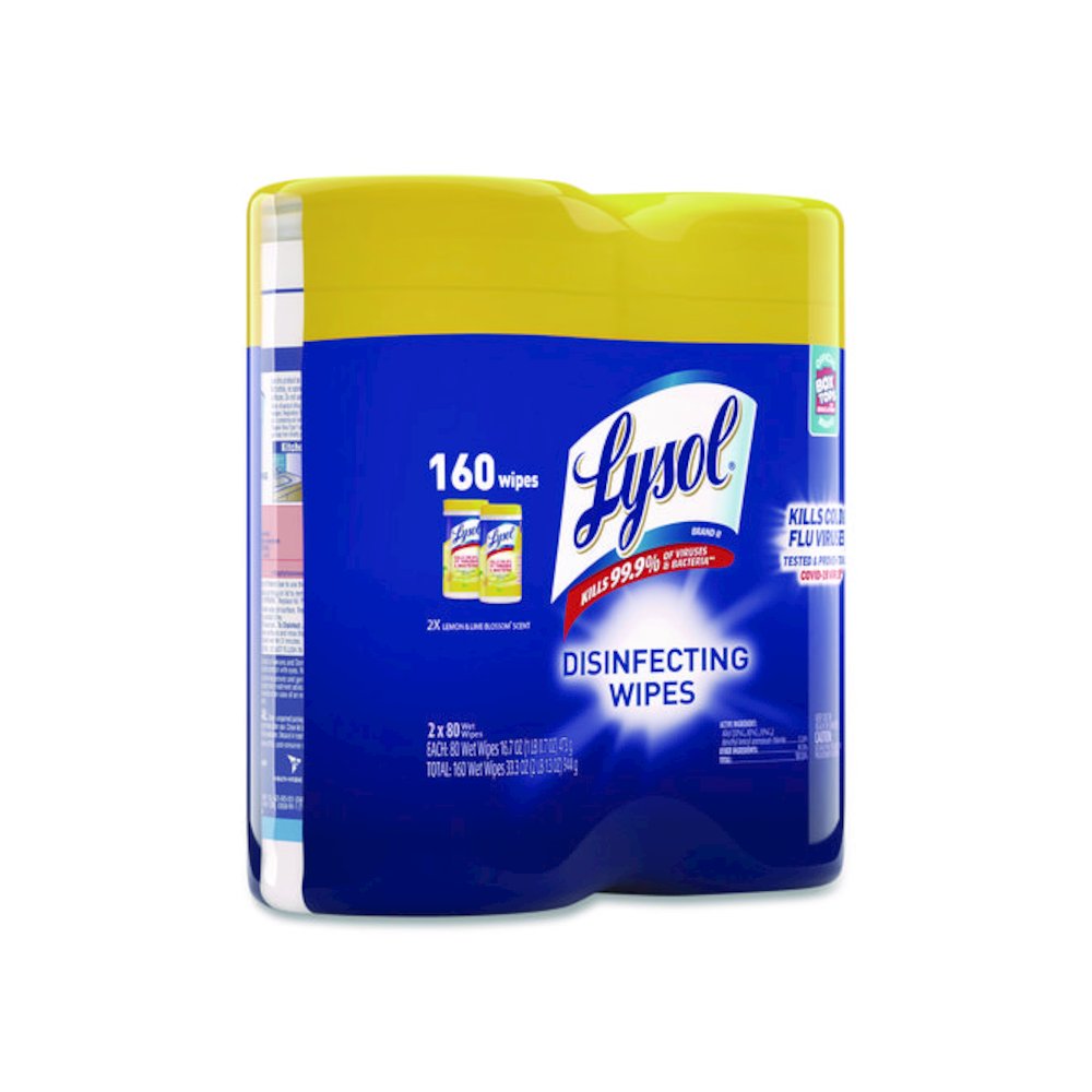 Disinfecting Wipes, 1-Ply, 7 x 7.25, Lemon and Lime Blossom, White, 80 Wipes/Canister, 2 Canisters/Pack. Picture 4