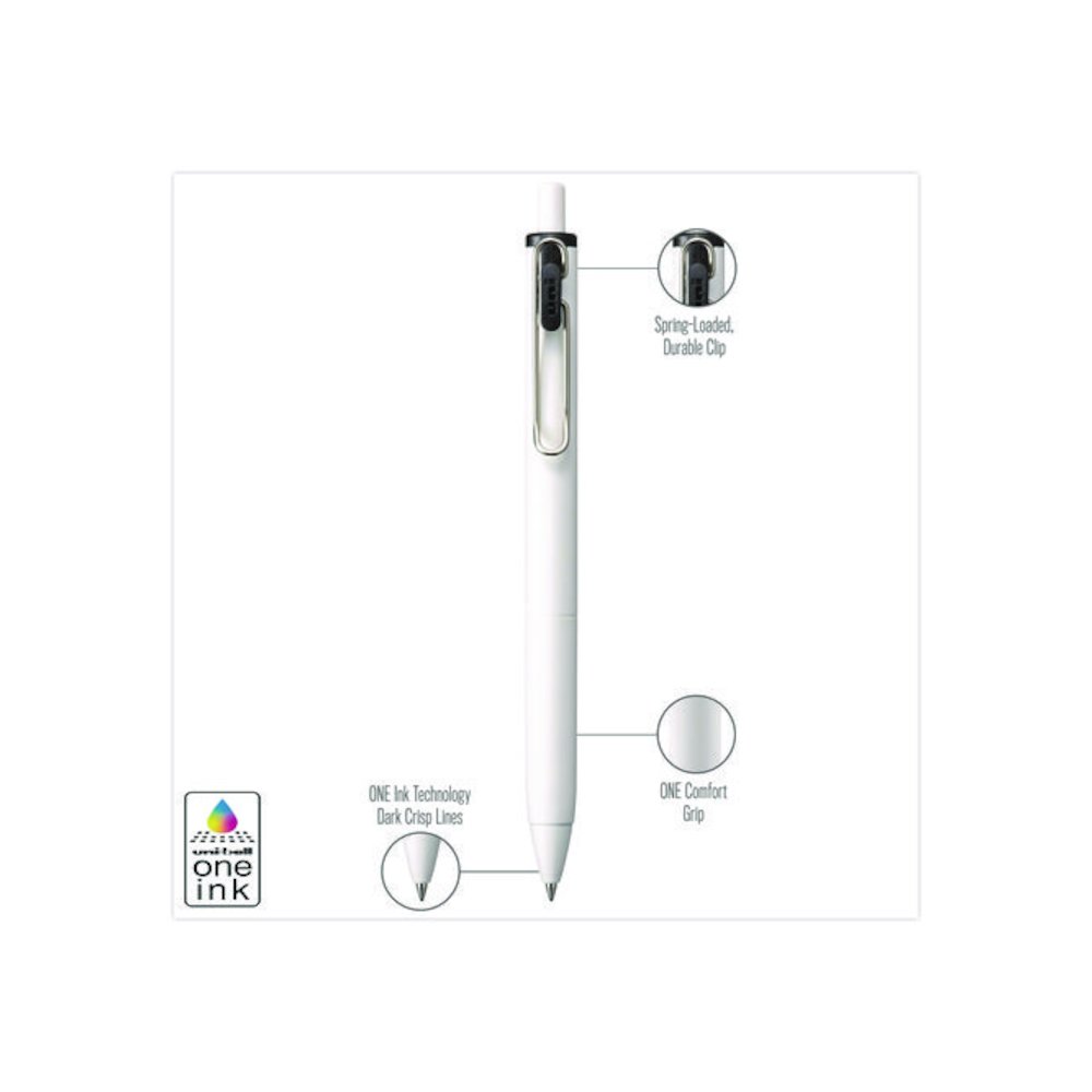 uniONE Gel Pen, Retractable, Medium 0.7 mm, Black Ink, White/Black Barrel, Dozen. Picture 3