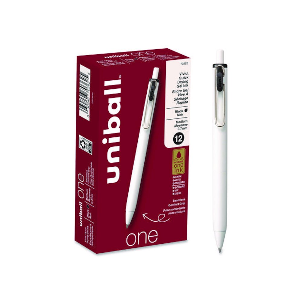uniONE Gel Pen, Retractable, Medium 0.7 mm, Black Ink, White/Black Barrel, Dozen. Picture 1