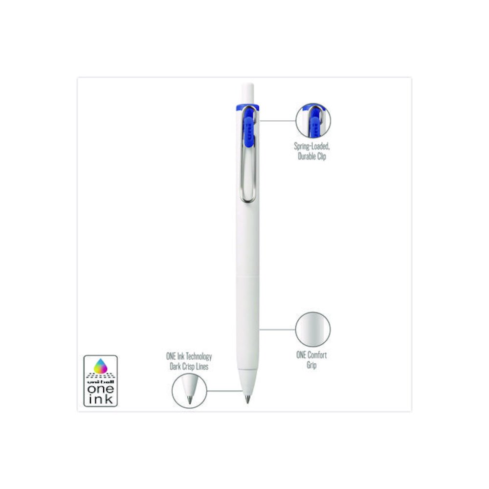 uniONE Gel Pen, Retractable, Medium 0.7 mm, Blue Ink, White/Blue Barrel, Dozen. Picture 3