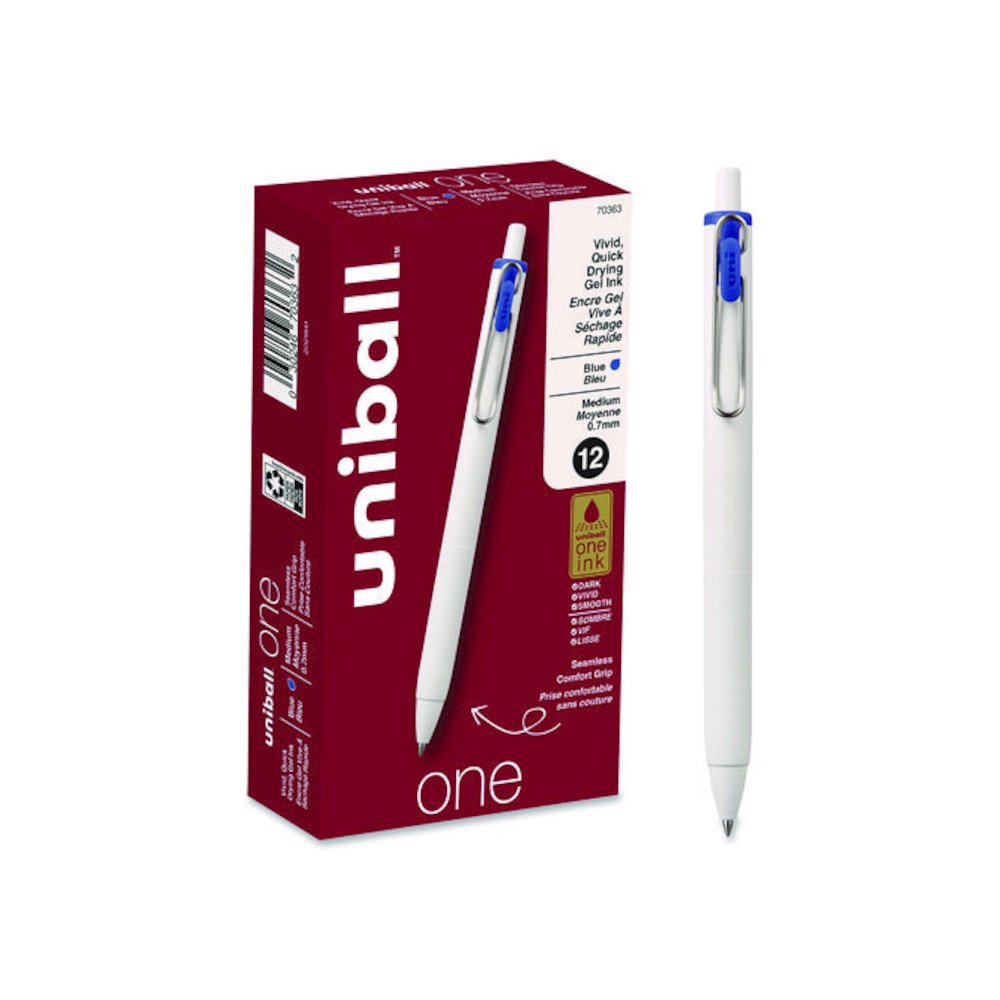 uniONE Gel Pen, Retractable, Medium 0.7 mm, Blue Ink, White/Blue Barrel, Dozen. Picture 1