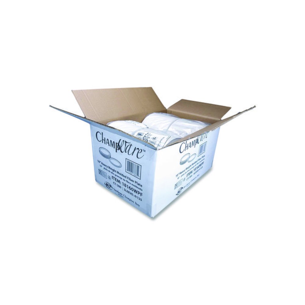 ChampWare Molded Fiber Tableware, Molded Fiber Plate, 10" dia, White, 125 Plates/Sleeve, 4 Sleeves/Carton. Picture 3