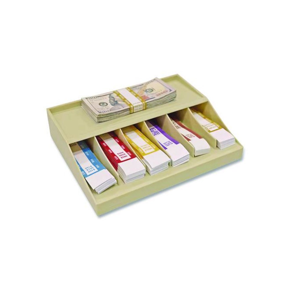 Coin Wrapper and Bill Strap Single-Tier Rack, 6 Compartments, 10" x 8.5" x 3", Pebble Beige. Picture 3