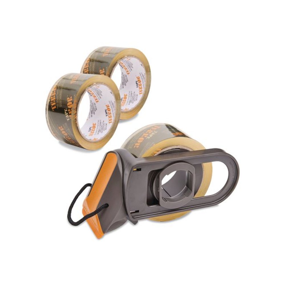 Tape Dispenser with Tape, 3" Core, Polypropylene, Gray/Orange, 1 Dispenser, 2 Rolls Pro-Grade Packaging Tape. Picture 1