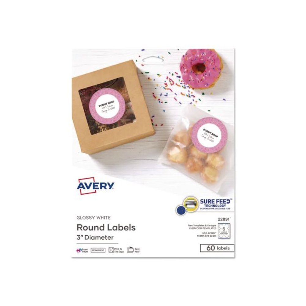 Sure Feed Glossy Labels, 3" dia, White, 8 Labels/Sheet, 10 Sheets Pack. Picture 1