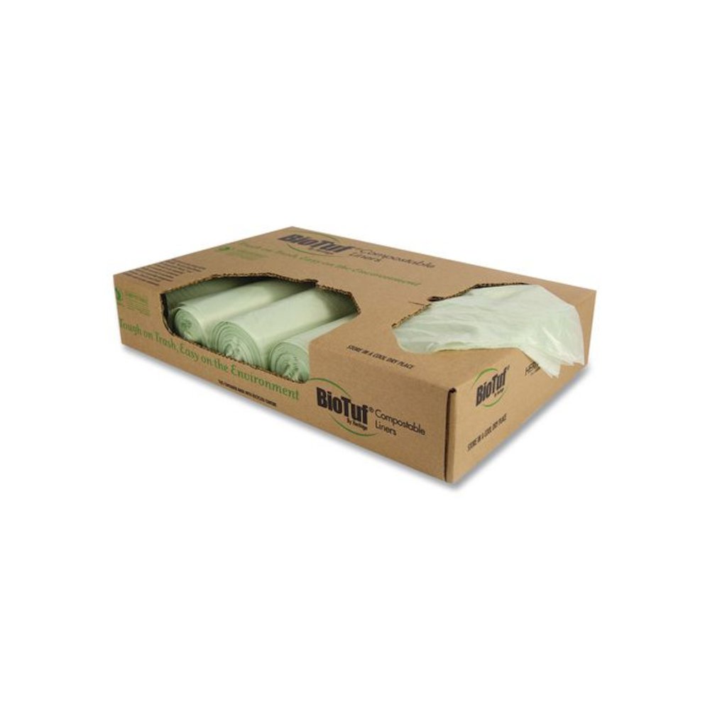 Biotuf Compostable Can Liners, 30 gal, 0.88 mil, 30" x 39", Green, 25 Bags/Roll, 6 Rolls/Carton. Picture 1