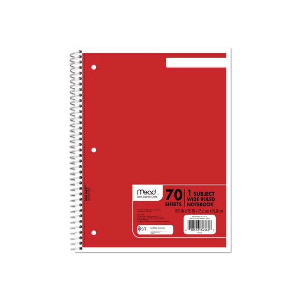 Spiral Notebook, 1-Subject, Wide/Legal Rule, Assorted Cover Colors, (70) 10.5 x 8 Sheets, 6/Pack. Picture 4